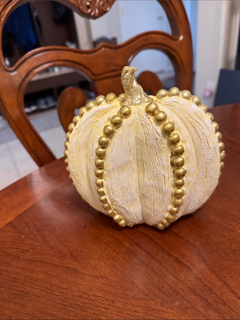 Gold Beaded Cream Decorative Pumpkin - Home Accent